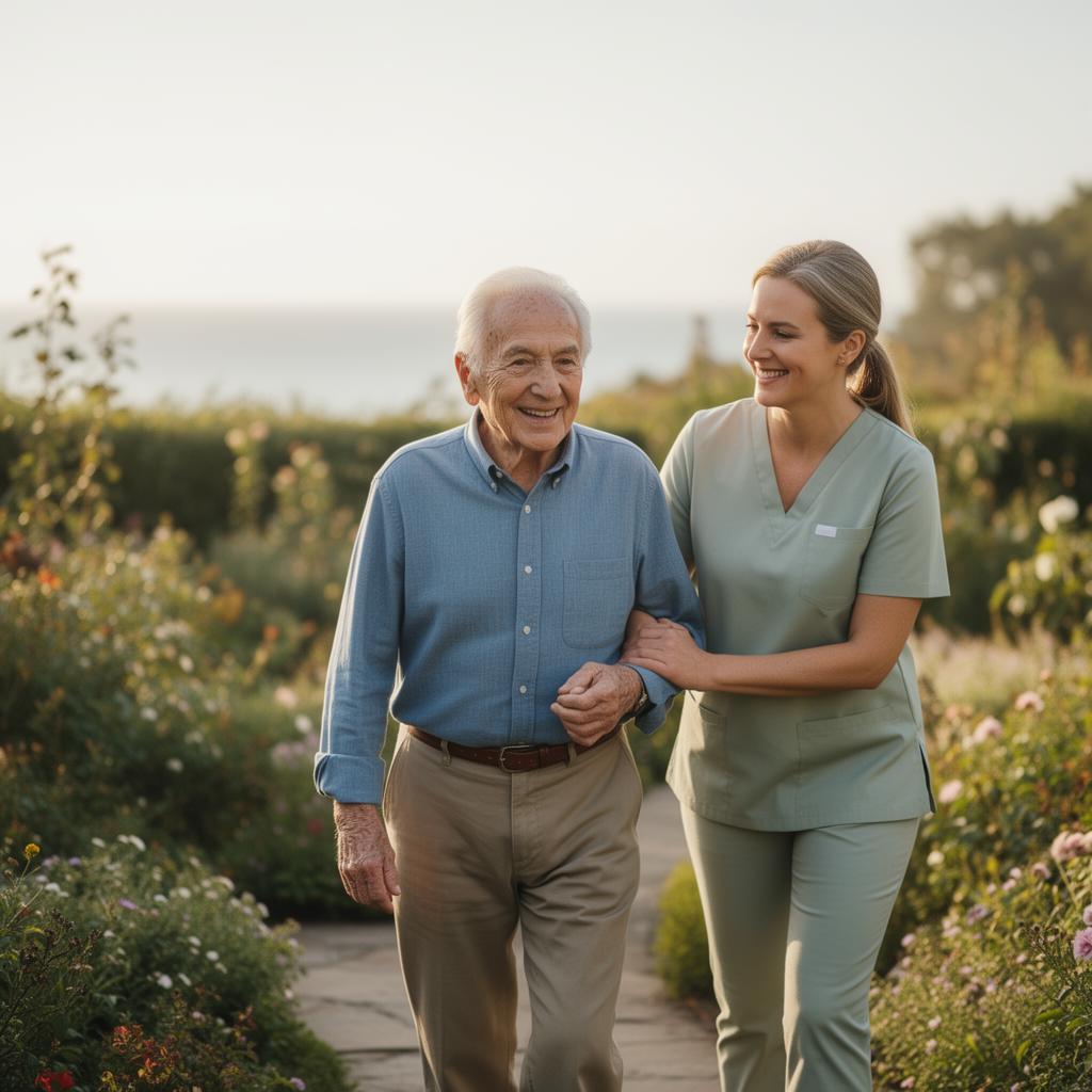 Caregiver walking with an elderly man through a garden