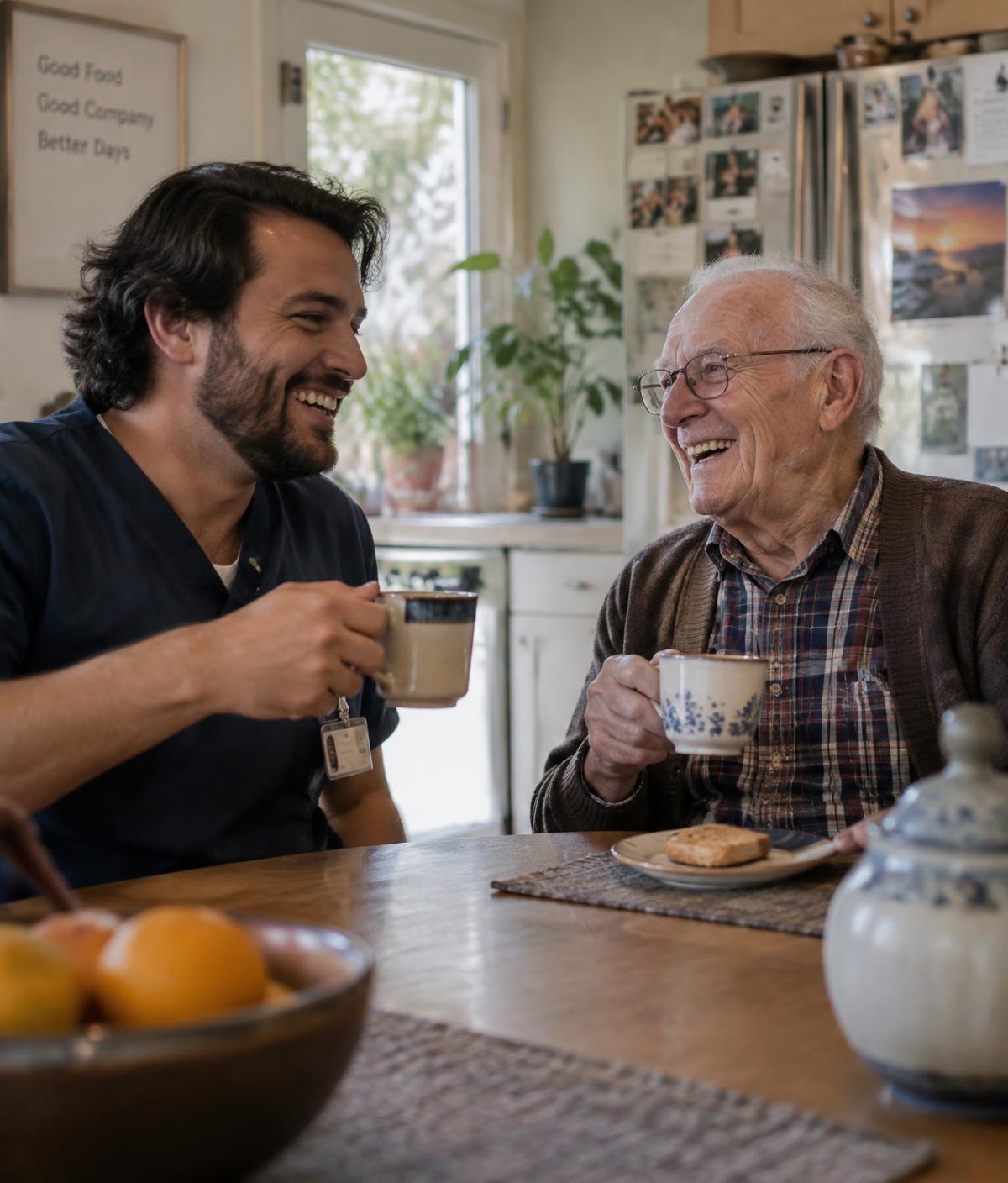 Caregiver walking with an elderly man through a garden