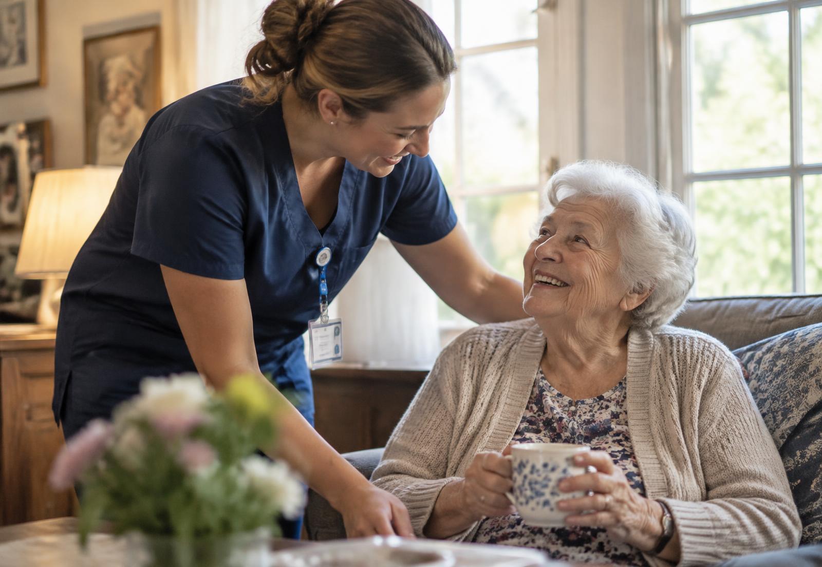 Caregiver holding hands with elderly woman in a sunlit room