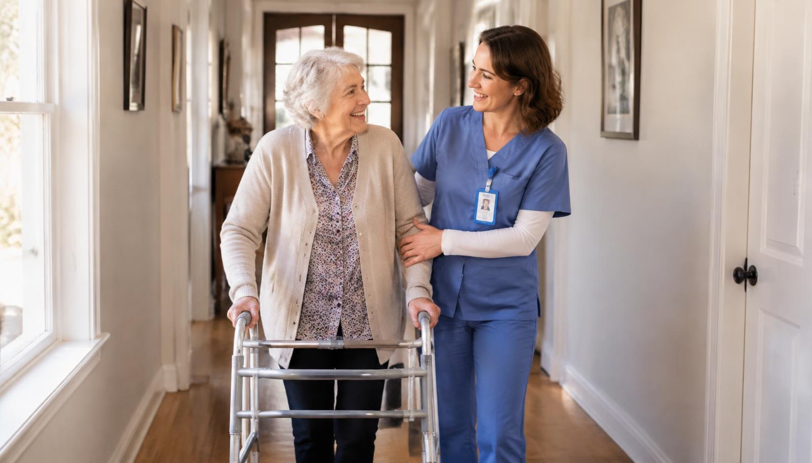 Caregiver helping a client walk with a walker at home